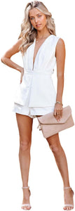 Layered White Deep V Cut Out Shorts Romper