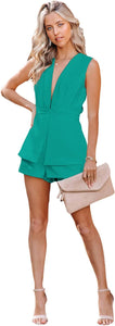 Layered Teal Green Deep V Cut Out Shorts Romper