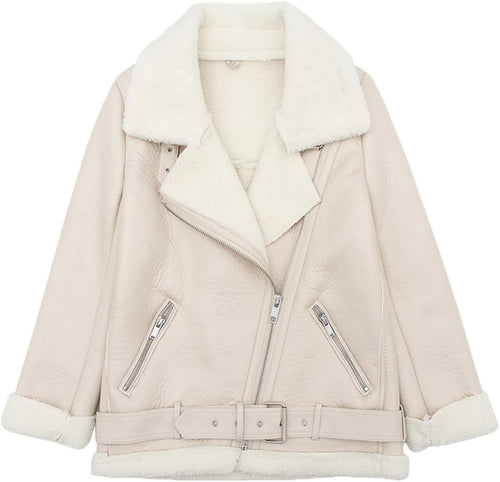 Women's Soft Beige Faux Leather Shearing Moto Jacket