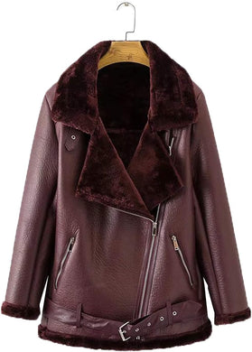 Women's Wine Red Faux Leather Shearing Moto Jacket