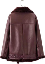Load image into Gallery viewer, Women&#39;s Wine Red Faux Leather Shearing Moto Jacket