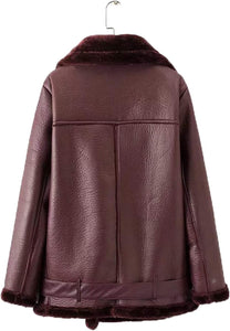 Women's Wine Red Faux Leather Shearing Moto Jacket