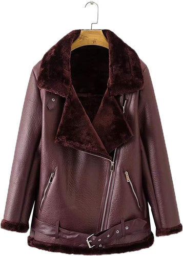 Women's Wine Red Faux Leather Shearing Moto Jacket