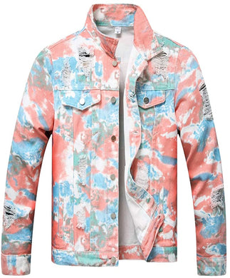 Men's Pink Dye Classic Ripped Denim Long Sleeve Jacket