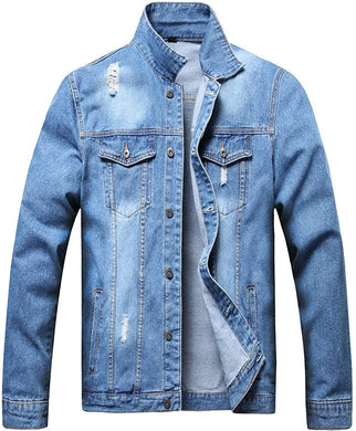 Men's Medium Blue Classic Ripped Denim Long Sleeve Jacket
