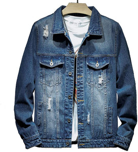 Men's Medium Blue Classic Ripped Denim Long Sleeve Jacket