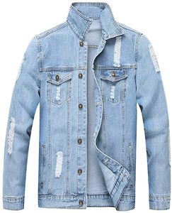 Men's Medium Blue Classic Ripped Denim Long Sleeve Jacket