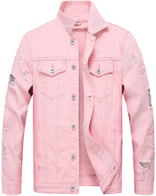 Men's Pink Classic Ripped Denim Long Sleeve Jacket