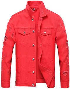 Men's Pink Classic Ripped Denim Long Sleeve Jacket