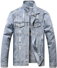 Load image into Gallery viewer, Men&#39;s Medium Blue Classic Ripped Denim Long Sleeve Jacket