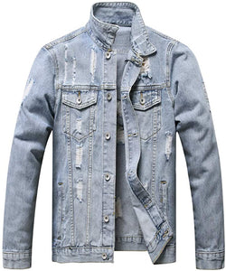 Men's Medium Blue Classic Ripped Denim Long Sleeve Jacket