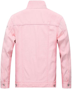 Men's Pink Classic Ripped Denim Long Sleeve Jacket