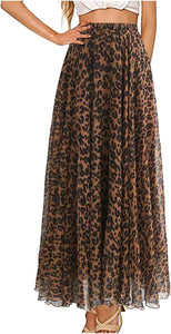 Leopard Printed Brown Elastic Waist Maxi Skirt