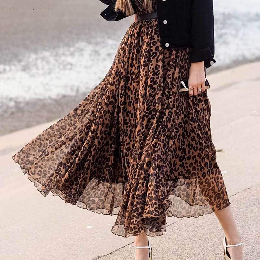 Leopard Printed Brown Elastic Waist Maxi Skirt