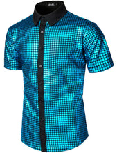 Load image into Gallery viewer, Men&#39;s Turquoise Metallic Sequin Shiny Short Sleeve Shirt