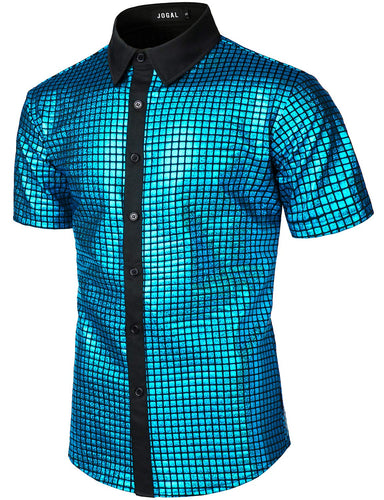 Men's Turquoise Metallic Sequin Shiny Short Sleeve Shirt