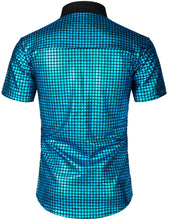 Load image into Gallery viewer, Men&#39;s Turquoise Metallic Sequin Shiny Short Sleeve Shirt
