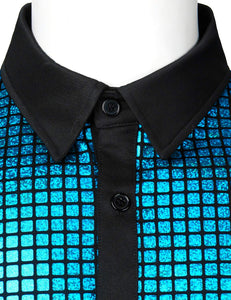 Men's Turquoise Metallic Sequin Shiny Short Sleeve Shirt