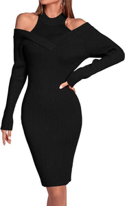 Beige Knit Cut Out Long Sleeve Midi Sweater Dress