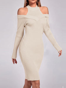 Beige Knit Cut Out Long Sleeve Midi Sweater Dress