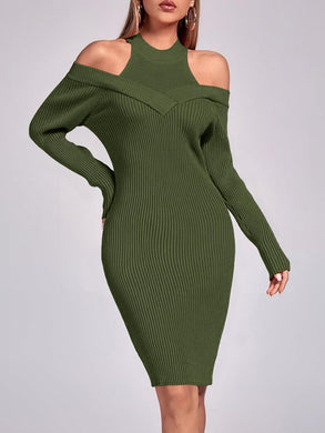 Winter Green Knit Cut Out Long Sleeve Midi Sweater Dress