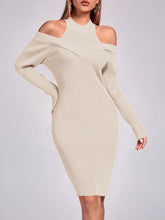 Load image into Gallery viewer, Beige Knit Cut Out Long Sleeve Midi Sweater Dress