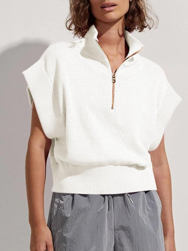 Winter White Knit Zip Front Short Sleeve Cropped Sweater