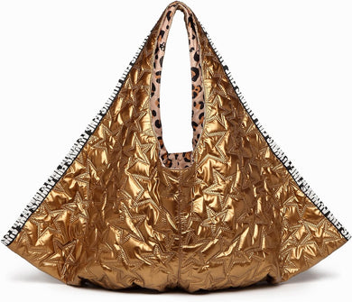 Gold Textured Faux Leather Reversible Hobo Handbag