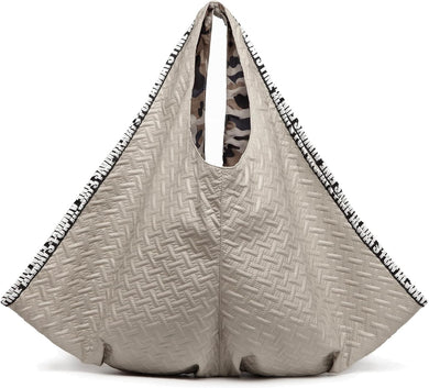 Beige Textured Faux Leather Reversible Hobo Handbag