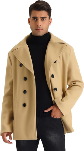 Men's Soft & Cozy Wool Blend Khaki Long Sleeve Pea Coat