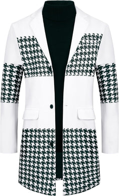 Men's Stylish Black & White Patchwork Houndstooth Long Sleeve Coat