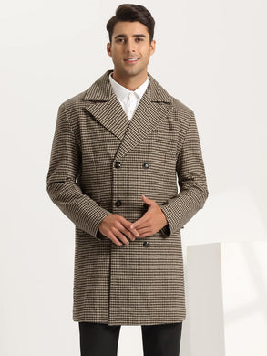 Men's Brown Houndstooth Double Breasted Wool Pea Coat