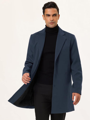 Men's Slim Fit Navy Blue Long Sleeve Lapel Single Button Trench Coat