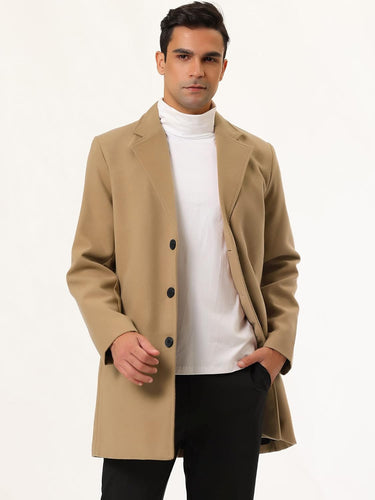 Men's Slim Fit Khaki Long Sleeve Lapel Single Button Trench Coat