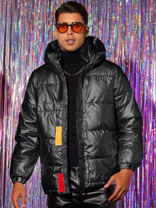 Men's Black Metallic Long Sleeve Hooded Puffer Coat