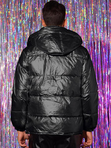 Men's Black Metallic Long Sleeve Hooded Puffer Coat