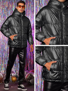 Men's Black Metallic Long Sleeve Hooded Puffer Coat