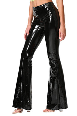 Latex Black Faux Leather Flare Bell Bottom Pants
