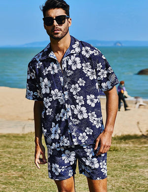 Men's Blue Floral Tree Short Sleeve Shirt & Shorts Set
