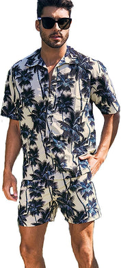 Men's White Palm Tree Short Sleeve Shirt & Shorts Set