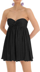 Sweetheart Black Pleated Ruffled Strapless Mini Dress