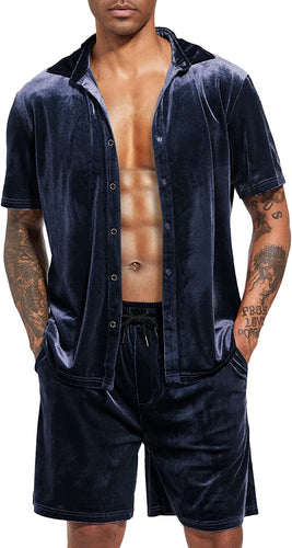 Men's Navy Blue Velour Short Sleeve Shirt & Shorts Set