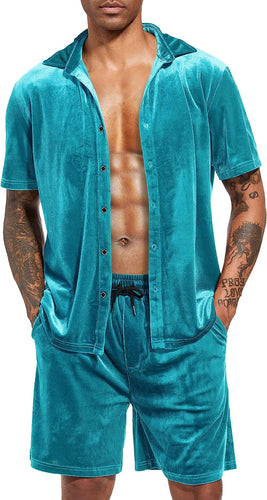 Men's Turquoise Velour Short Sleeve Shirt & Shorts Set