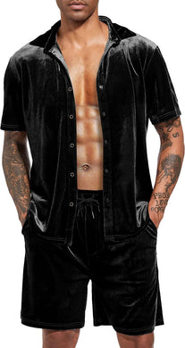Men's Black Velour Short Sleeve Shirt & Shorts Set