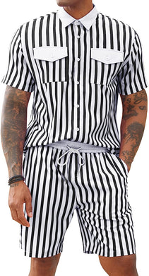 Men's Retro Striped Black Short Sleeve Shirt & Shorts Set
