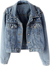 Load image into Gallery viewer, Women&#39;s Blue Denim Pearl Studded Long Sleeve Jacket