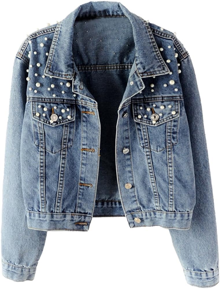 Women's Blue Denim Pearl Studded Long Sleeve Jacket