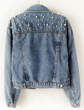 Load image into Gallery viewer, Women&#39;s Blue Denim Pearl Studded Long Sleeve Jacket