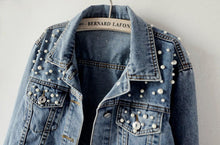 Load image into Gallery viewer, Women&#39;s Blue Denim Pearl Studded Long Sleeve Jacket