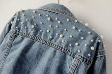 Load image into Gallery viewer, Women&#39;s Blue Denim Pearl Studded Long Sleeve Jacket